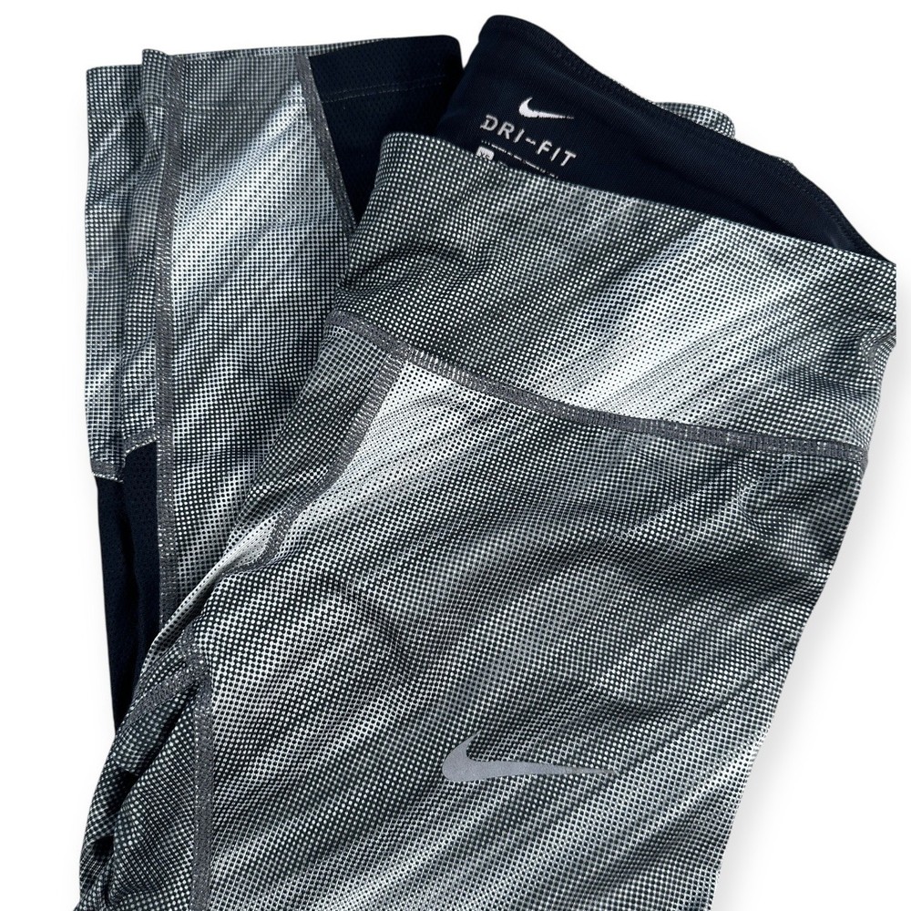 Nike Dri-FIT Womens XS Grey Abstract Graphic Mesh Panel Crop Running Leggings-image