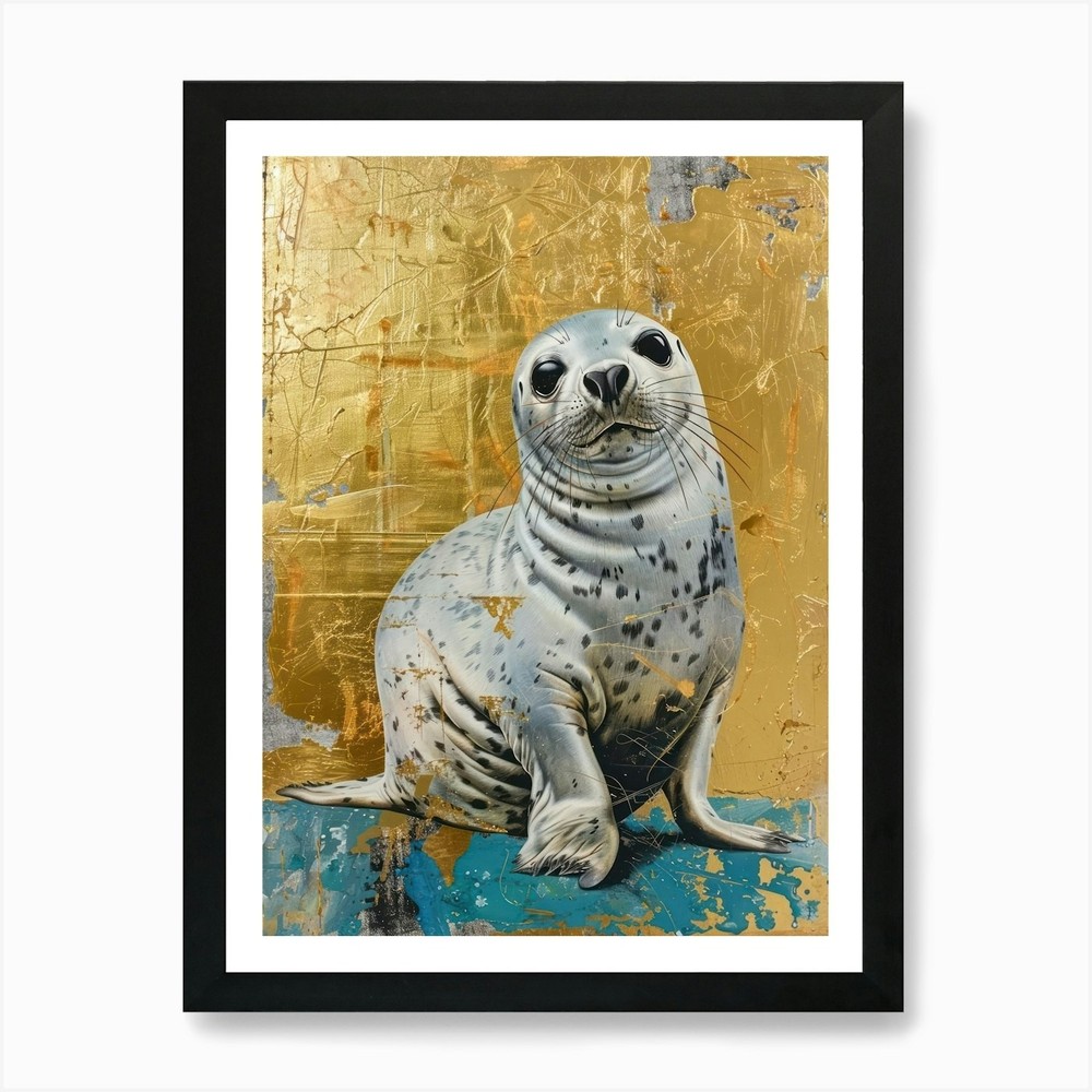 Harp Seal Pup Gold Effect Collage 2 Framed Wall Art Poster Canvas Print Picture