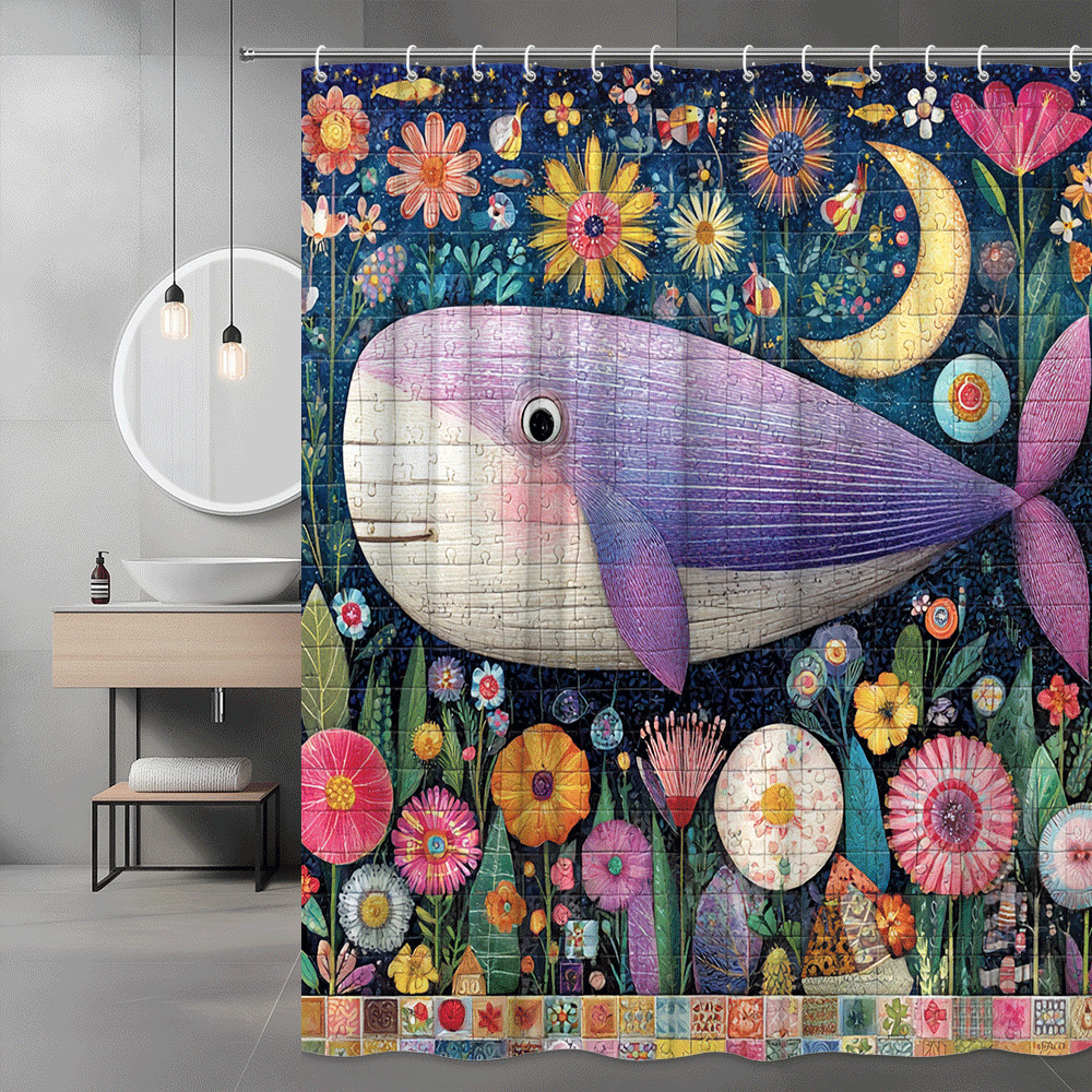 Whimsical Whale and Flowers Shower Curtain Graphic Print