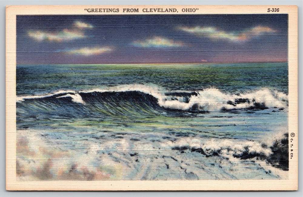 Cleveland Ohio~Waves On Lake At Night Greeting~Vintage Linen Postcard