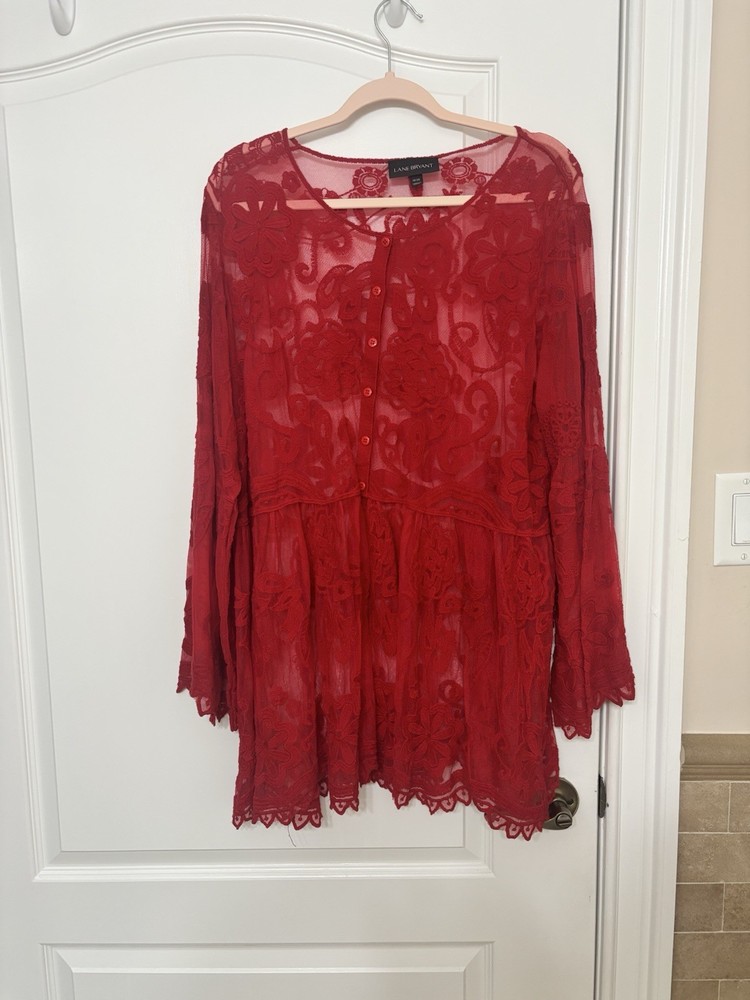 Lane Bryant Sheer Lace Floral Button Long Sleeve Tunic Blouse Red Size 18/20