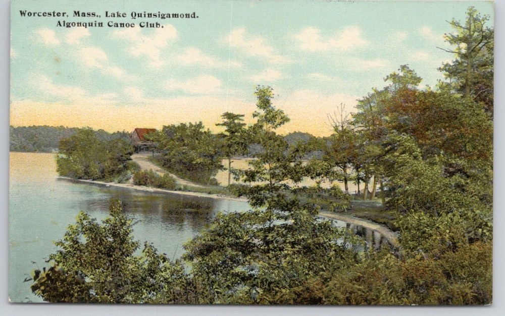 Worcester, MA Lake Quinsigamond Algonquin Canoe Club Postcard c1910