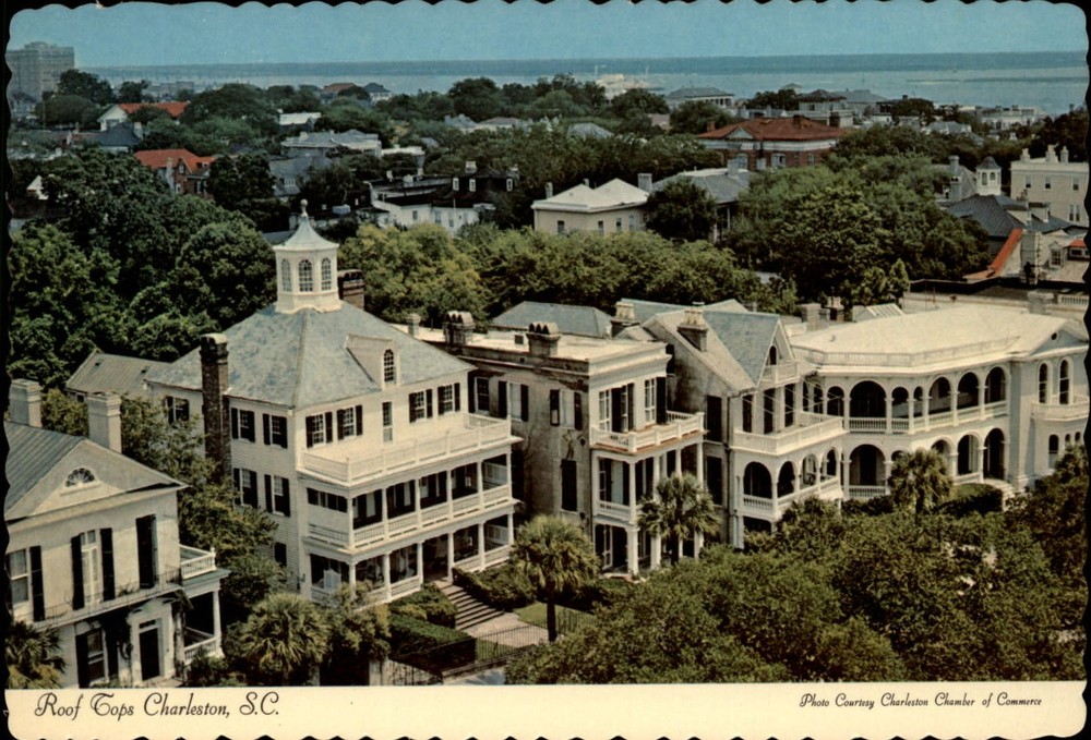 Roof tops houses Charleston South Carolina aerial view ~ vintage postcard
