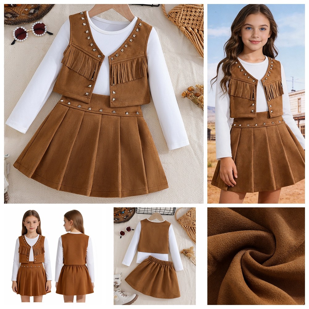 Girls Cowgirl Party Outfits Hiking Western Outdoor 3-piece Casual Sets Rave