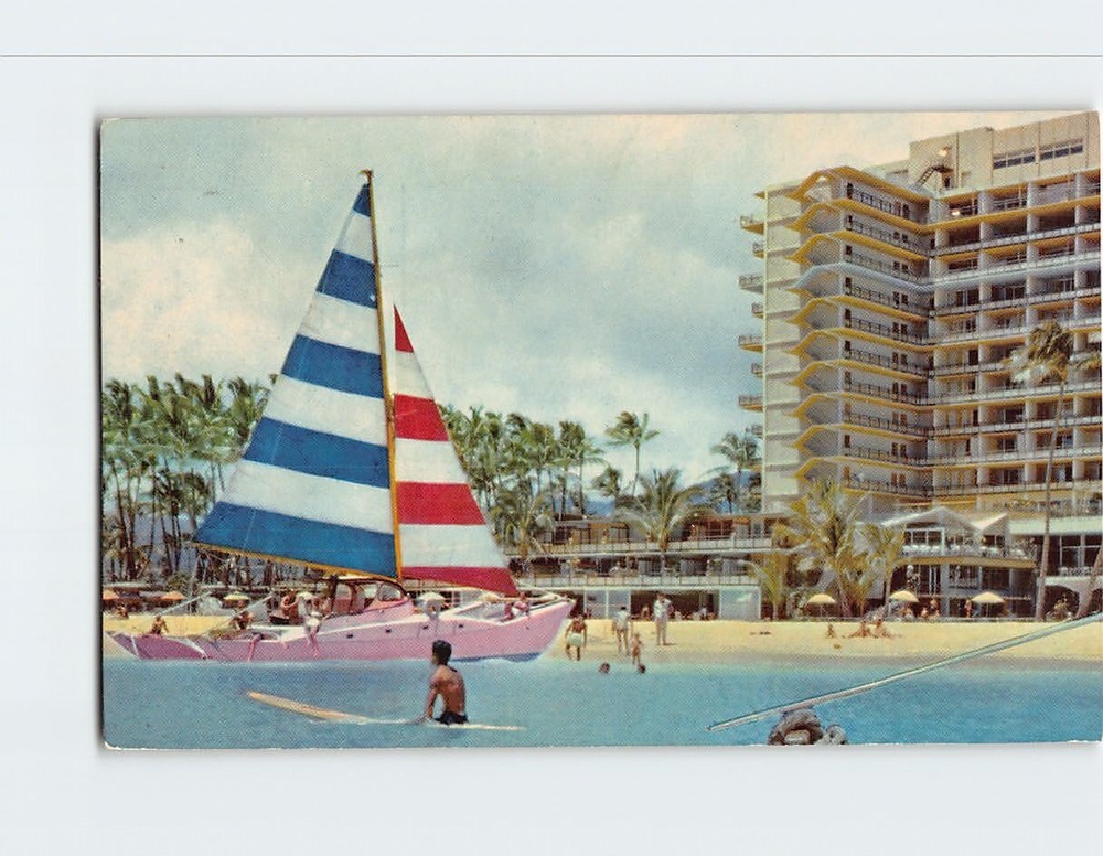 Postcard Colorful Catamaran at Hilton Hawaiian Village Hotel Hawaii USA