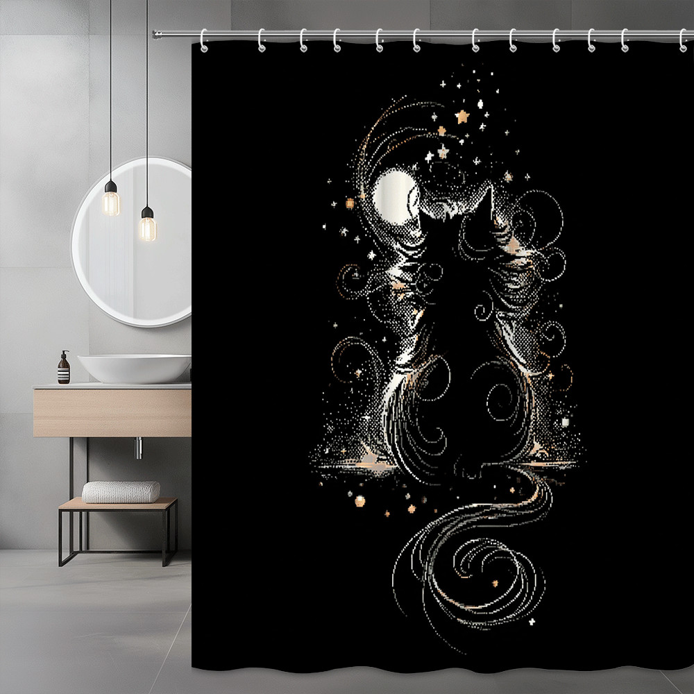 Black Cat Moon Stars Shower Curtain, Gothic Halloween Graphic