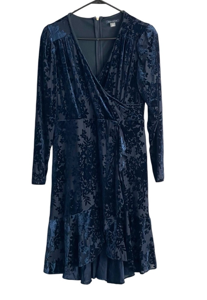 Tommy Hilfiger Women’s Dress Burnout Velvet Blue Sz 10 Wrap Tiered Dark Romance