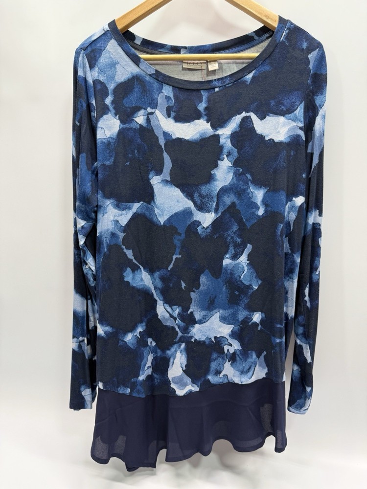 LOGO by Lori Goldstein Women’s Rayon Spandex Blue Abstract Print LS Top L
