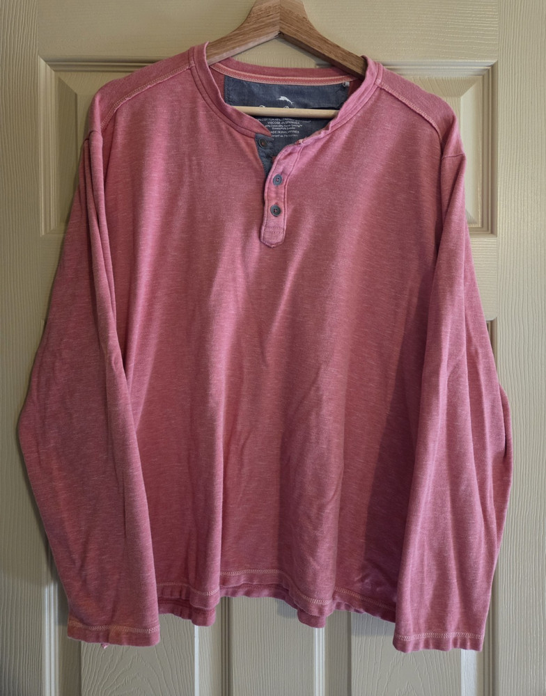 Tommy Bahama Mens L Henley Shirt Red Coral Long Sleeve Cotton Blend Casual