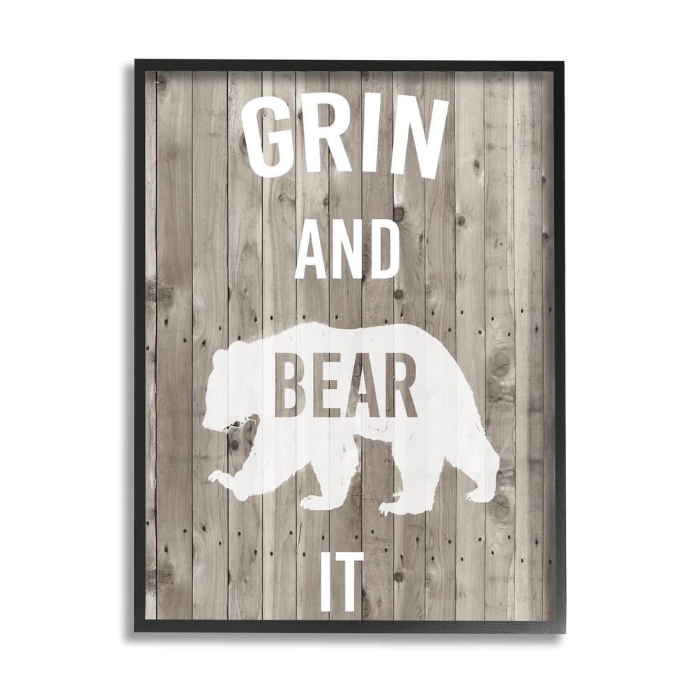 Grin and Bear It Phrase Rustic Animal Pun Black Framed Wall Art, 16 x 20, Tan