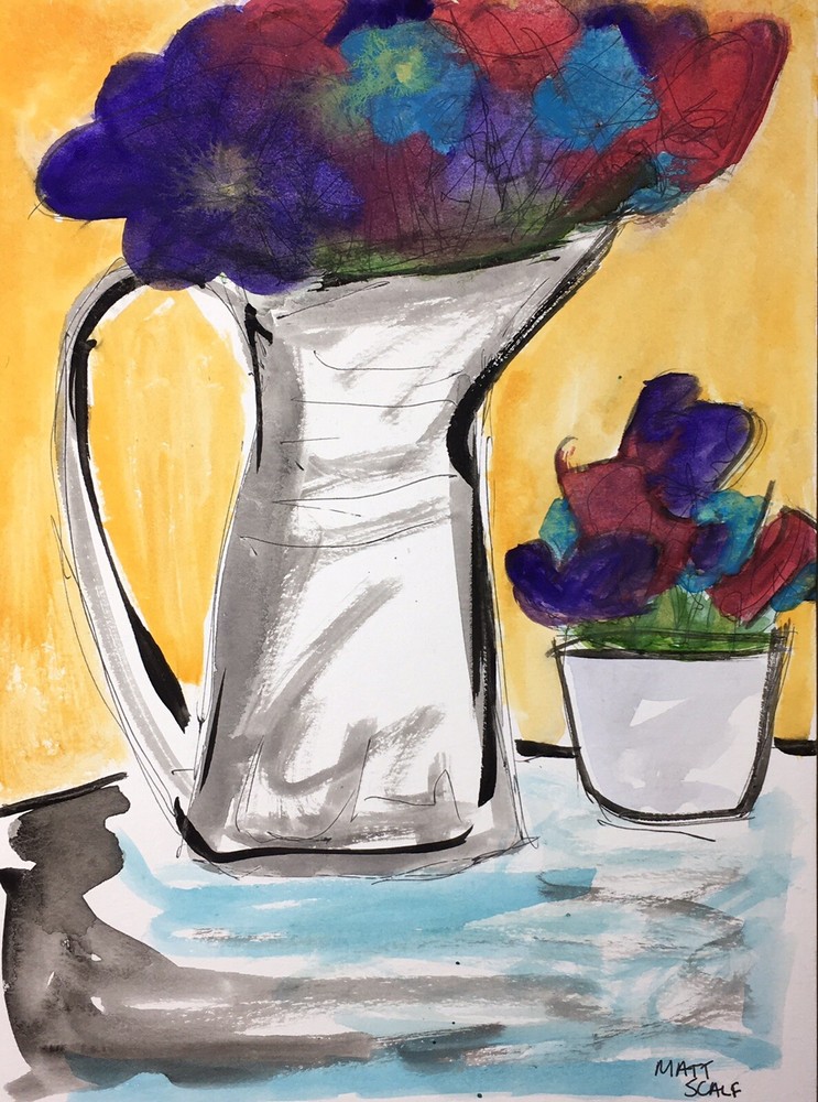 Matt Scalf Floral Flowers Vase Watercolor 9x12 ORIGINAL PAINTING Abstract Orange