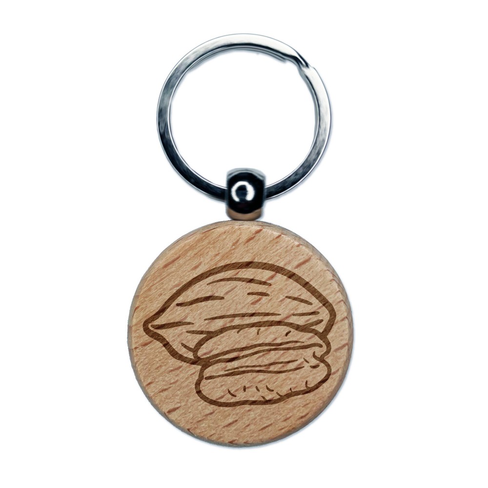 Pecan Nut Drawing Engraved Wood Round Keychain Tag Charm