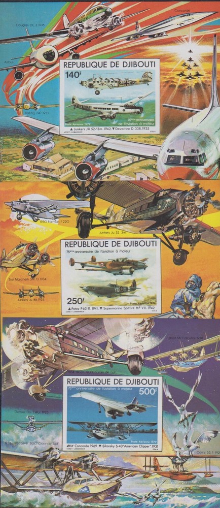 Djibouti MNH Sc C124-26  IMPERF  S/S Mi Bk 6-8B Value  40 Euro  Airplanes