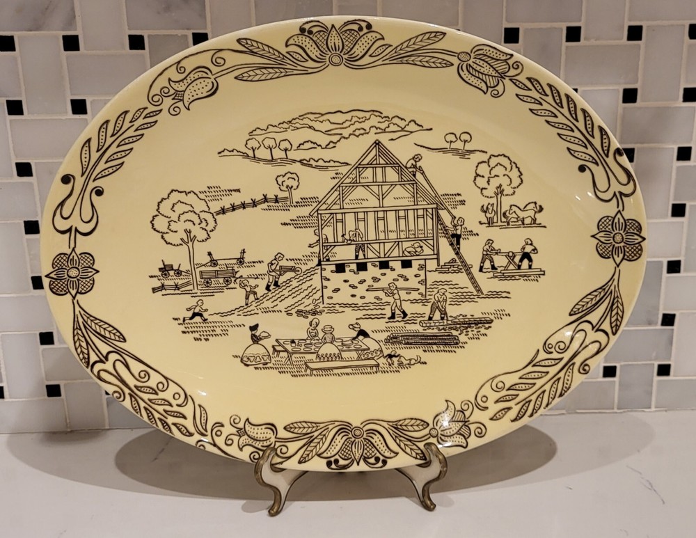Bucks County Barn Raising Scene Vintage Platter Penn. Dutch Amish Royal 1950s