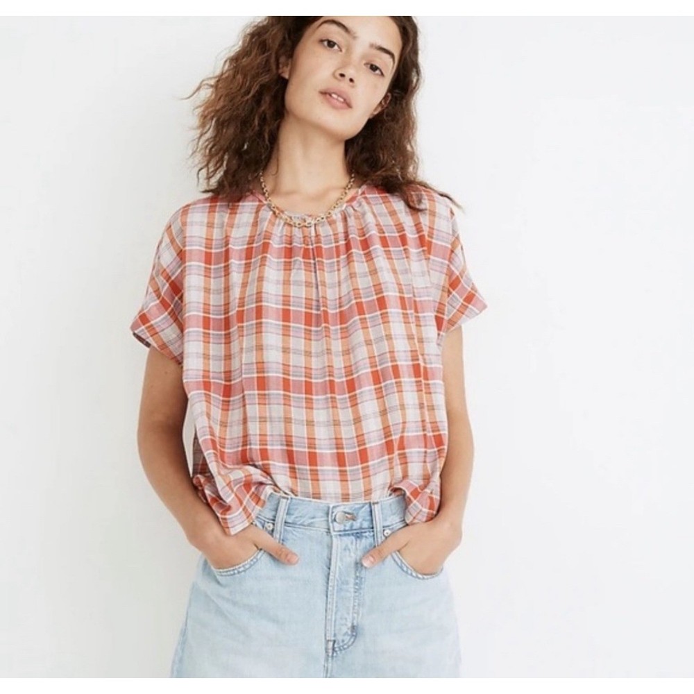 Madewell Plaid Shirred-Neck Boxy Top Womens S Orange Pink 100% Cotton Colorful