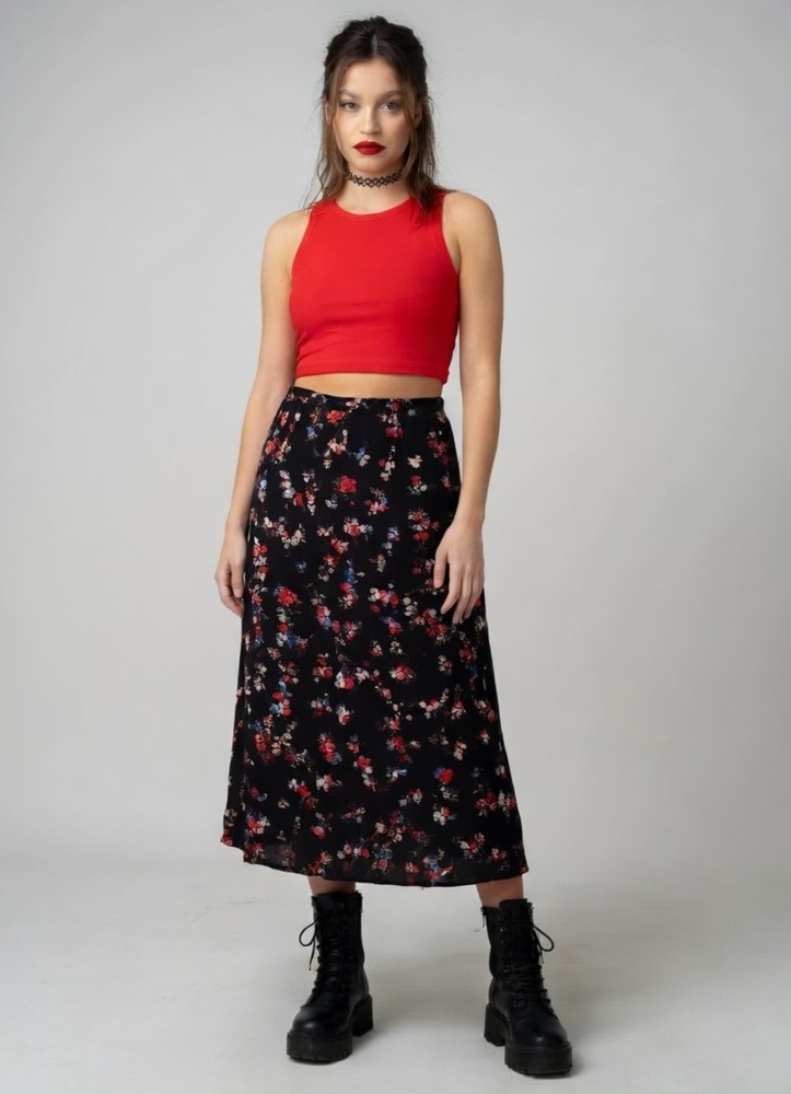 Vtg 90s Grunge Carol Anderson Skirt XL 16 Floral Midi Made in USA Black Blue