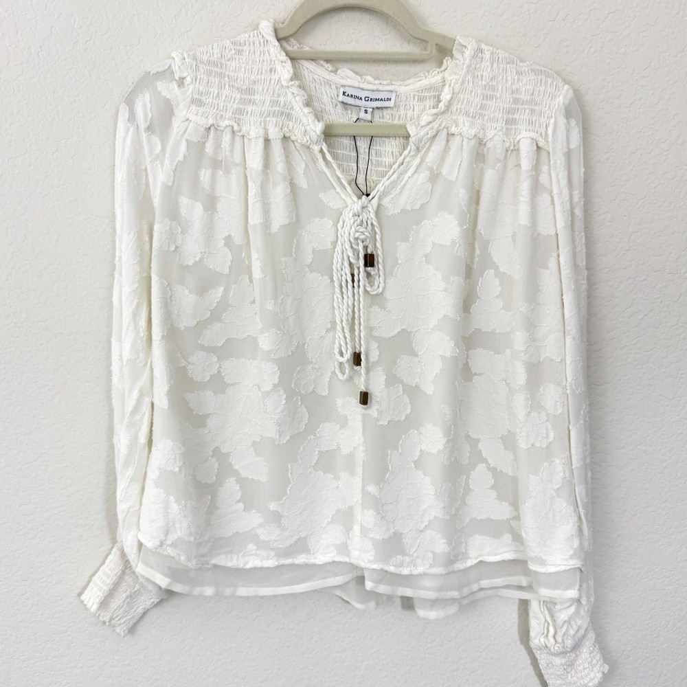 Revolve Karina Grimaldi Womens Blouse Top Size S Smocked Floral Boho White