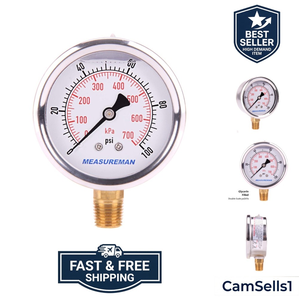 Pressure Gauge 1/4 NPT, 0-100psi/kPa Glycerin Filled Pressure Gauge with 2.5 ...