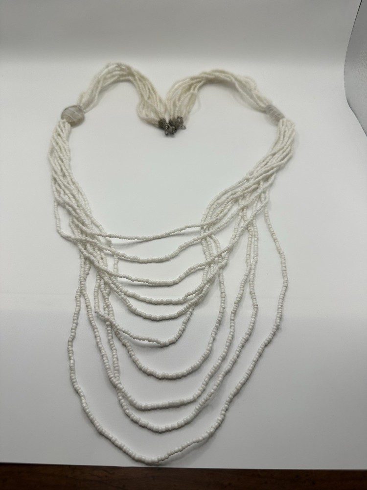 Vintage White Seed Bead 10 Strand Necklace With Glass Accent Beads 40”