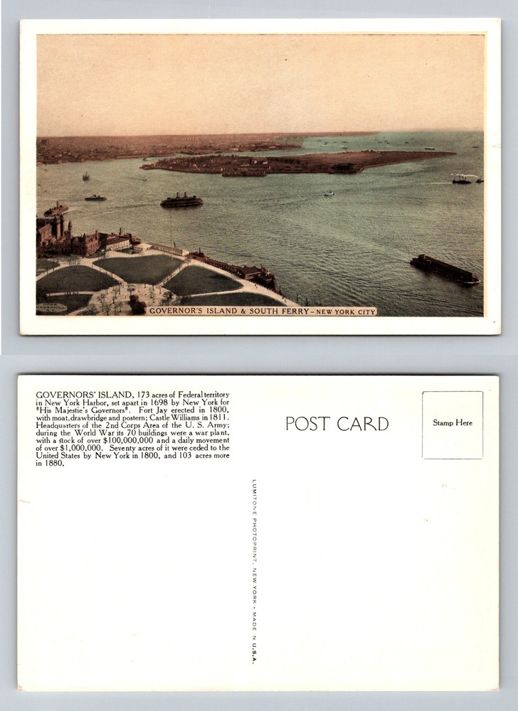 New York City NY, Governors Island South Ferry Harbor Boats Vintage Postcard