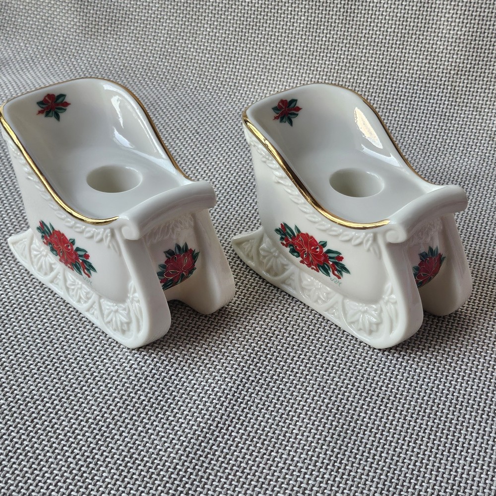 Princess House Porcelain Sleigh Candle Holders Set of 2 Floral Holiday