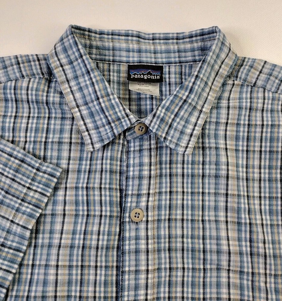 Patagonia Mens Puckerware Seersucker Blue Plaid Short Sleeve Shirt Organic Sz XL