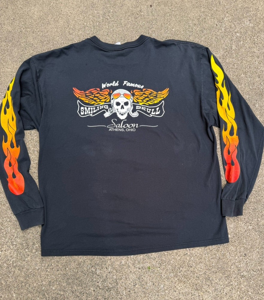 Vintage Smiling skull biker Shirt With Fire Down The Sleeves XL Harley Davidson