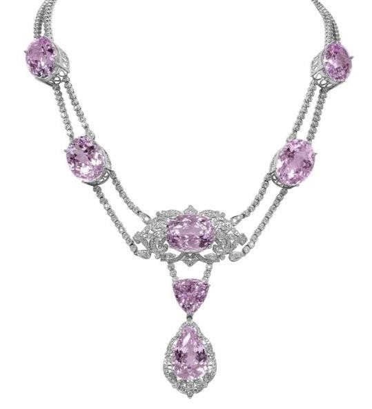 Extra Large 146.04Ct Diamond & Aaa Kunzite 18Kt White Gold 3D Filigree Necklace