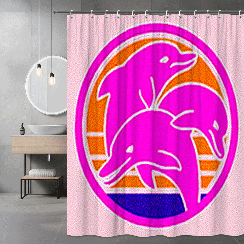 Pink Dolphin Shower Curtain Retro Sunset Graphic
