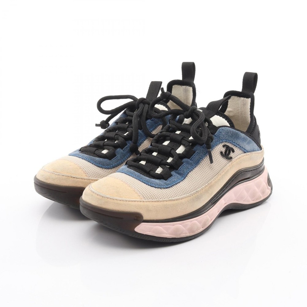 CHANEL COCO Mark sneakers shoes G39070 Suede Fabric Beige Black #35 1/2 Used