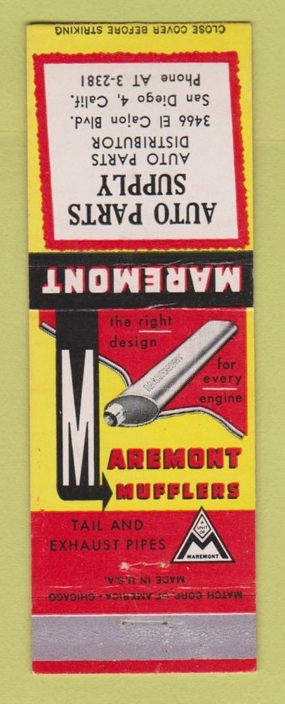 Matchbook Cover - Maremont Mufflers Auto Parts San Diego CA