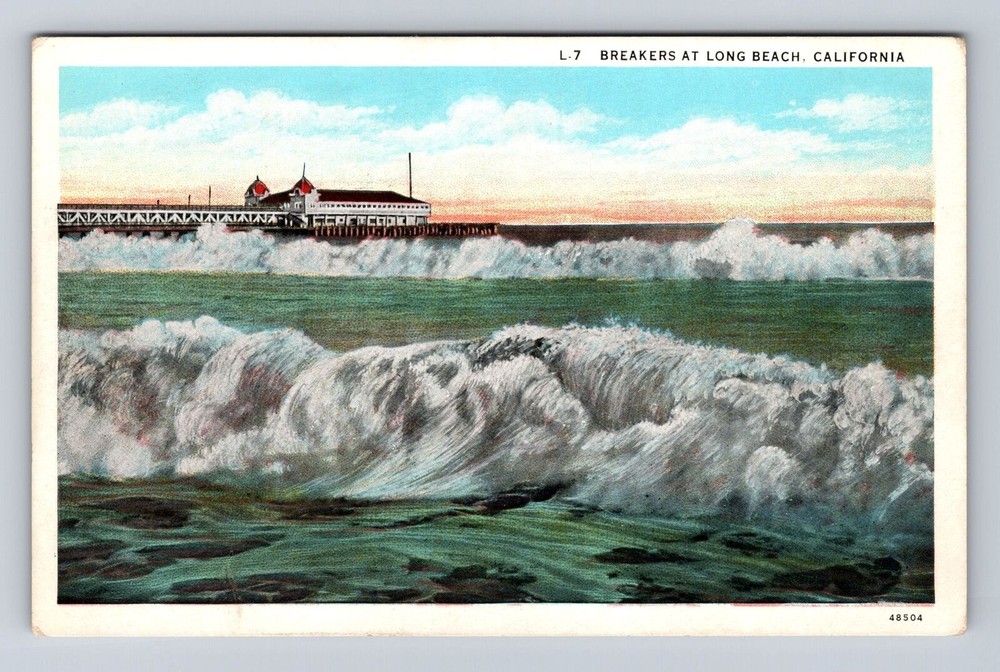 Long Beach CA-California, Pacific Breakers, Pier, Vintage Postcard