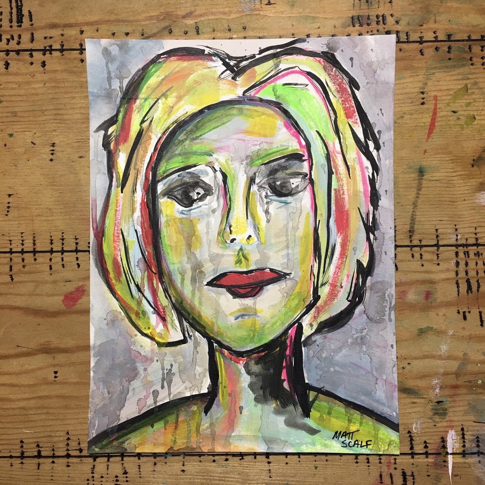 Matt Scalf 9x12 ORIGINAL PAINTING Face Abstract Graffiti Street Art Girl Woman-image