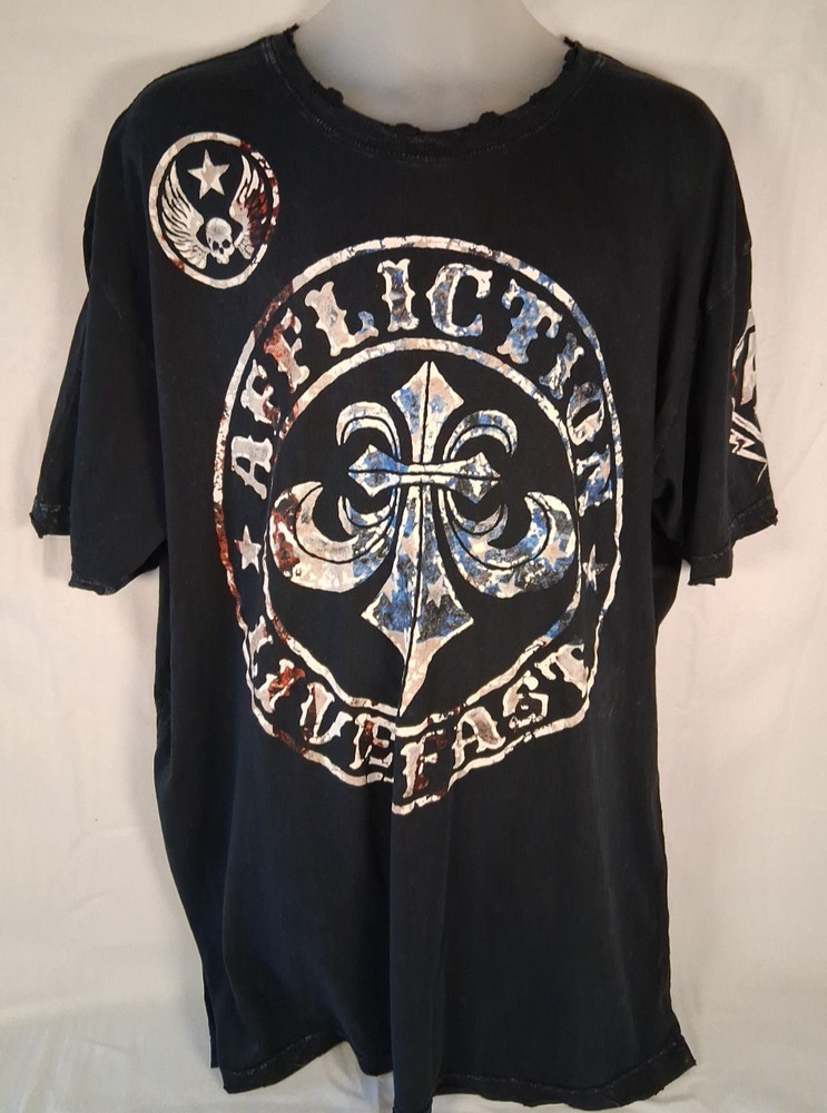 Affliction T-Shirt 2XL Black Live Fast Inverted Fleur De Lis Distressed USA Y2K