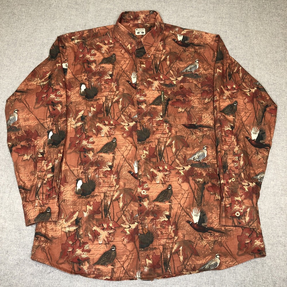 Columbia PHG Button Up Shirt All Over Print Bird & Leaves Burnt Orange Camo Sz L