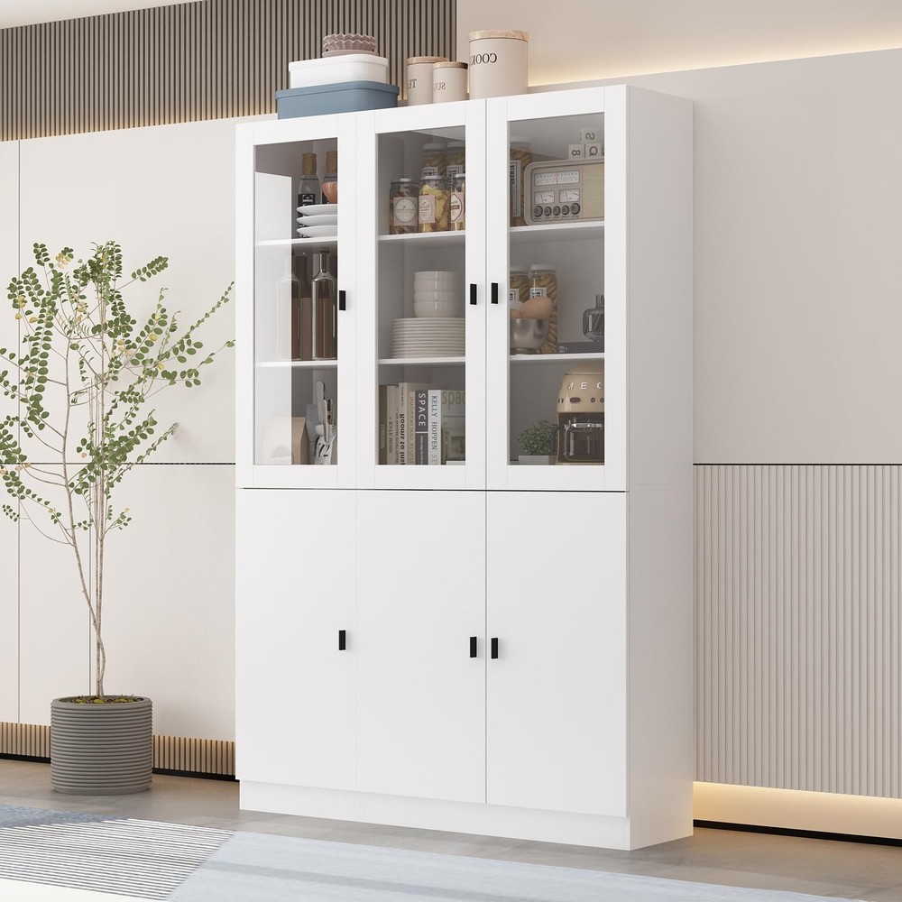 Large Glass Door Storage Cabinet and Tall Bookcase with Doors