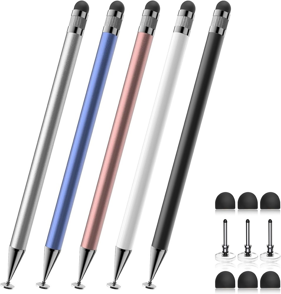 5-Pack 2-in-1 Stylus Pens for Touch Screens - Black, White, Rose Gold, Blue, Silver