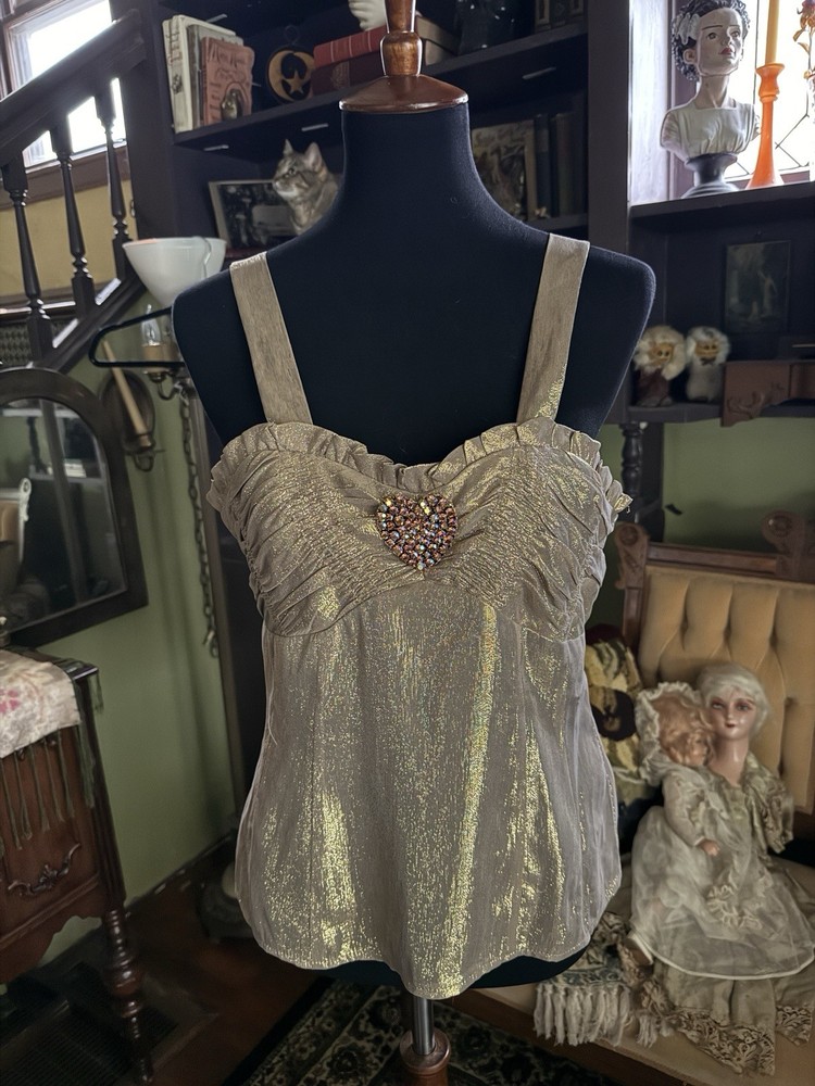 Nanette Lepore Gold Metallic Blouse Heart Broach Women's