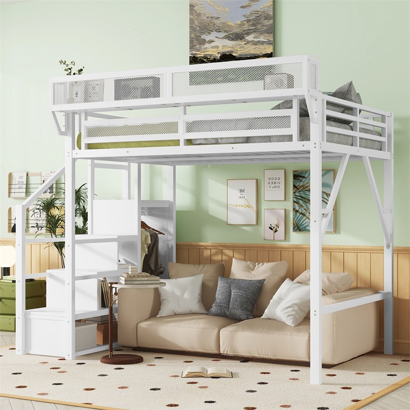 Full Size Metal High Loft Bed w/Storage Shelves,Storage Stairs & Wardrobe,White