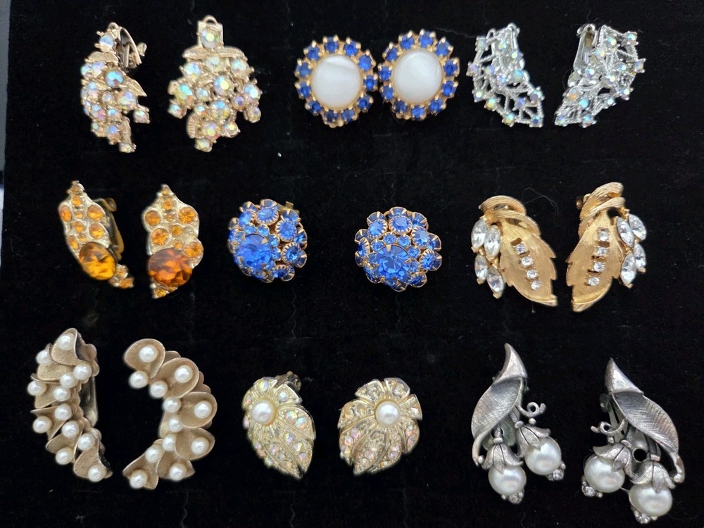Vintage AB Rhinestone Earrings Lot Clip On Wedding Cake Leaves Pearl