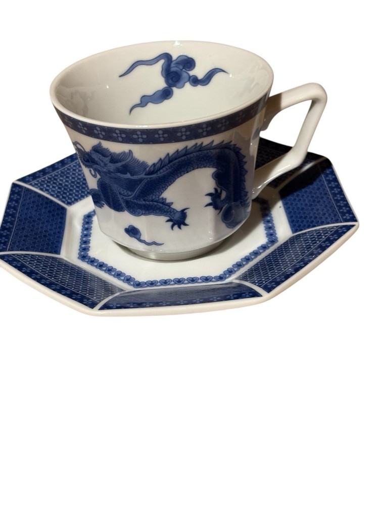 VTG Tuscany Fine China Ming Blue Dragon Cup & Saucer Japan Octagon Plate EUC