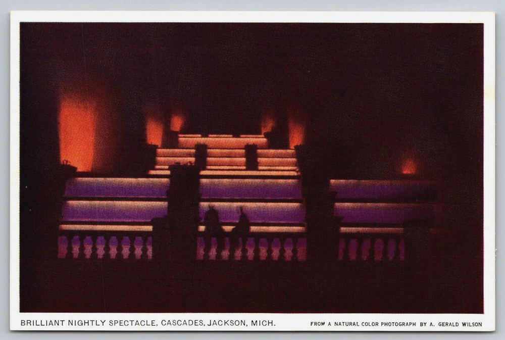 Vintage Postcard Jackson Michigan Usa Night Light Cascade Water Falls Pool