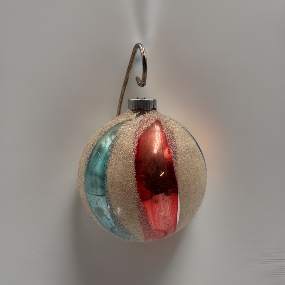 VTG West Germany Mica Striped Glass Christmas Ornament Red Blue Gold 3.5” MCM