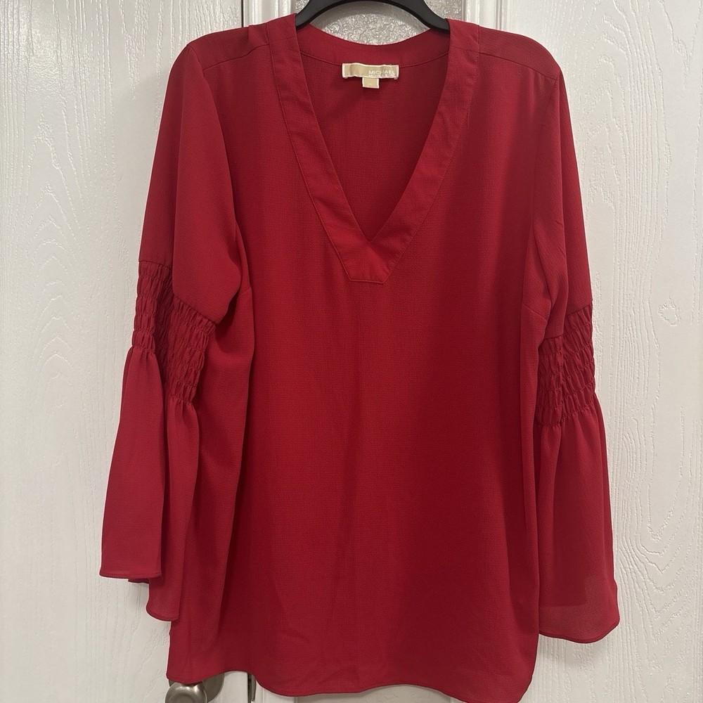 Michael Kors Women's XL Red Solid Smocked V-Neck Woven Bell Sleeve Blouse