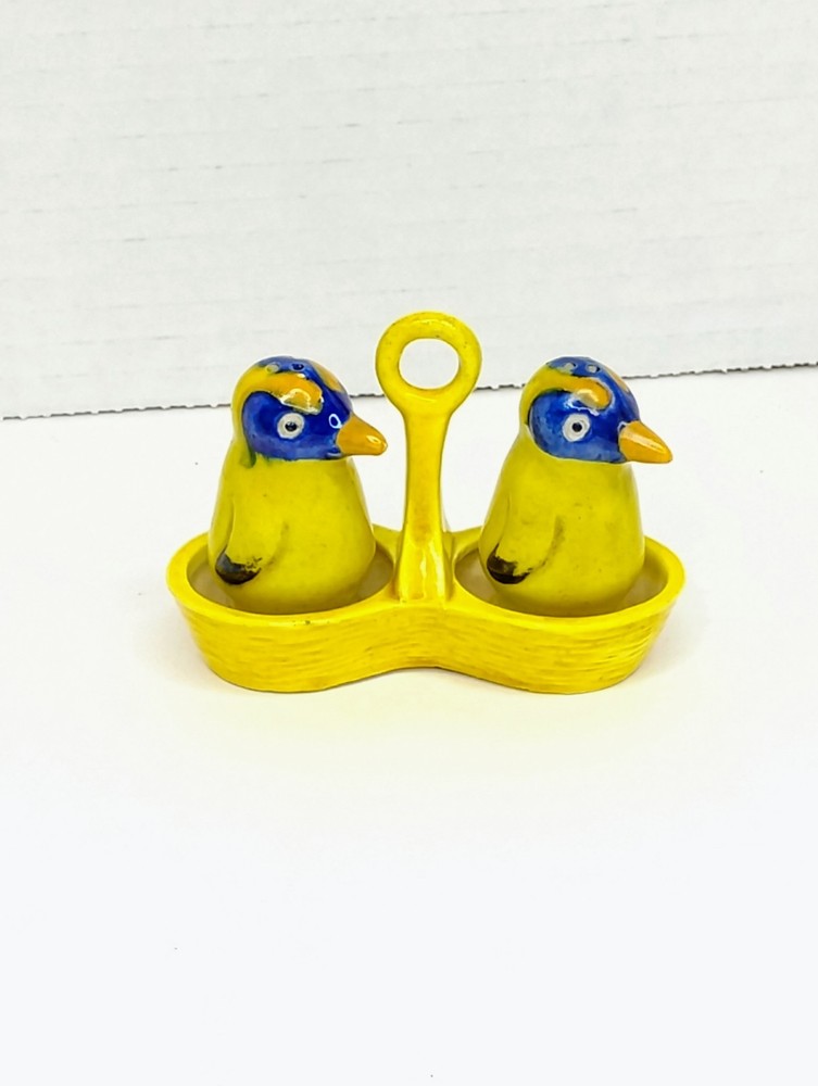 Vintage Blue and Yellow Birds Salt & Pepper Shakers in Holder made in Japan