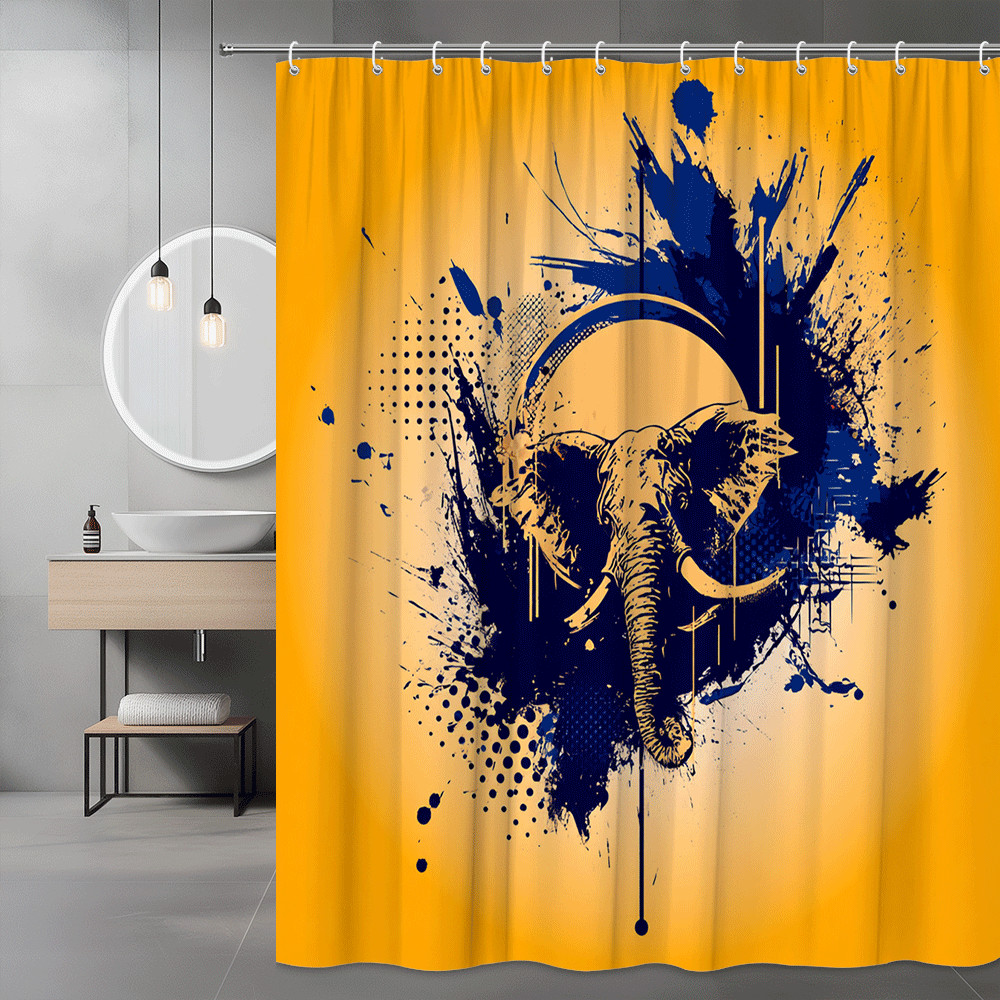 Elephant Splash Art Shower Curtain Orange and Navy Graphic