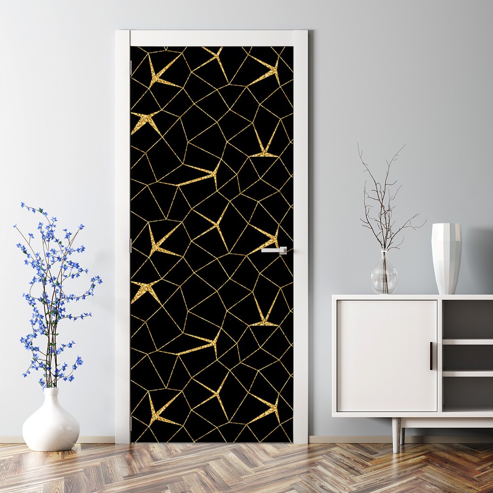 Black and gold mosaic bubble-free door decal for elegant decor