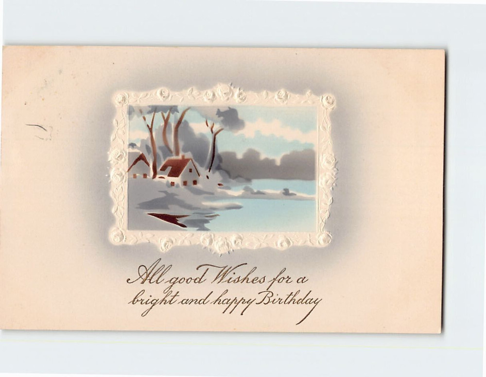 Postcard All Good Wishes for a Bright & Happy Birthday Winter Scene Embossed
