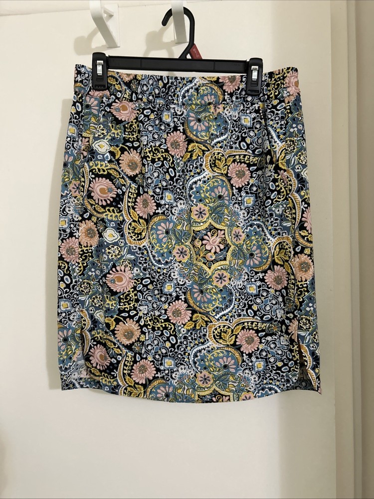 Loft Floral Print Skirt Elastic Waist Knee Length Black M Pockets