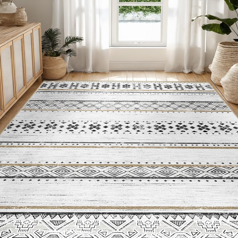 5x7 Area Rugs for Living Room Washable Moroccan Farmhouse Neutral Geometric L...